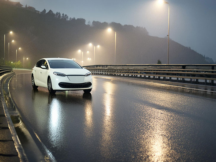 雨の道路を走る白い車