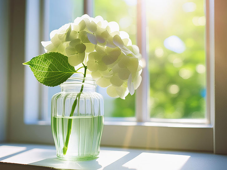 窓辺に飾られた一輪のアジサイの花