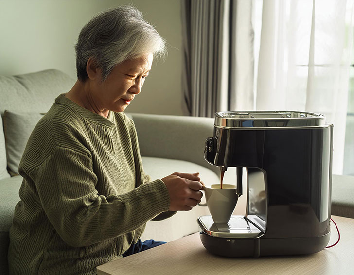 エスプレッソマシンでコーヒーを淹れるシニア女性