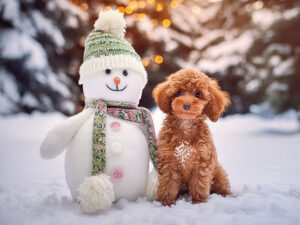 雪だるまと並んで座るかわいいトイプードルの子犬