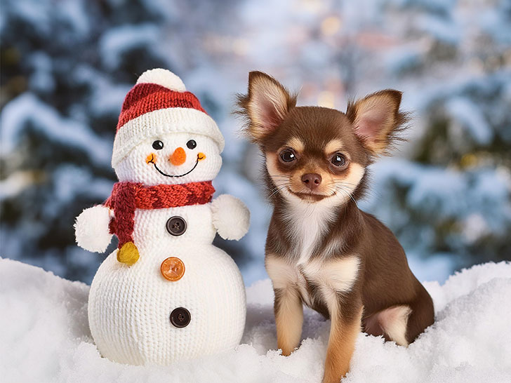 雪だるまと並んで座るかわいいチワワの子犬