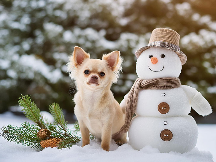 雪だるまと並んで座るかわいいチワワの子犬