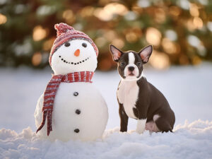 雪だるまと並んで座るかわいいボストンテリアの子犬