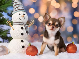 雪だるまと並んで座るかわいいチワワの子犬