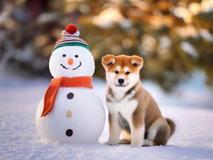 雪だるまと並んで座るかわいい秋田犬の子犬