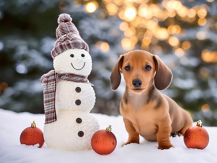 雪だるまと並んで座るかわいいミニチュアダックスの子犬