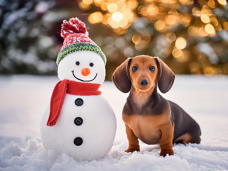 雪だるまと並んで座るかわいいミニチュアダックスの子犬