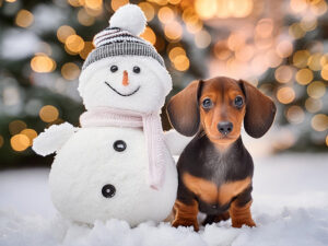 雪だるまと並んで座るかわいいミニチュアダックスの子犬