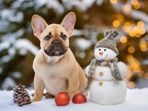 雪だるまと並んで座るかわいいフレンチブルドッグの子犬