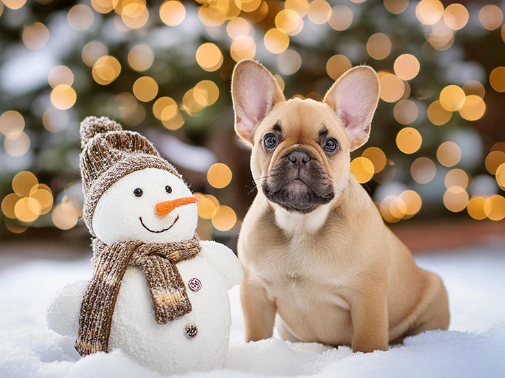 雪だるまと並んで座るかわいいフレンチブルドッグの子犬