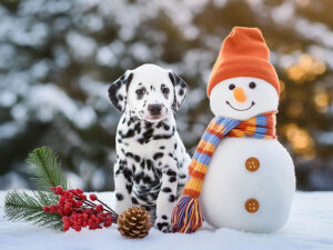 雪だるまと並んで座るかわいいダルメシアンの子犬