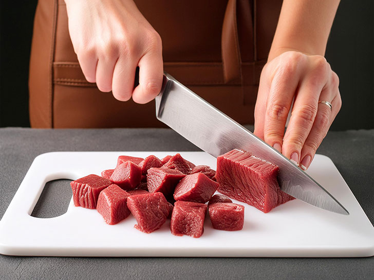 白いまな板の上でカットされる牛肉