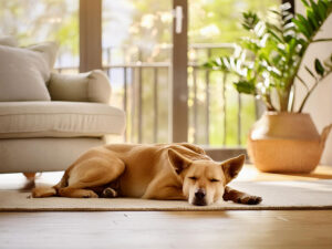 日の当たるリビングで昼寝をする雑種犬