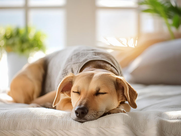 日の当たるリビングで昼寝をする雑種犬