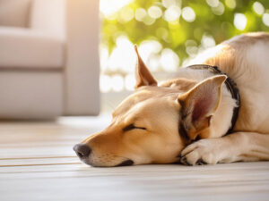 日の当たるリビングで昼寝をする雑種犬