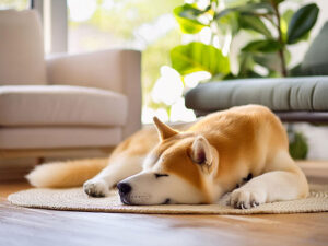 日の当たるリビングで昼寝をする秋田犬