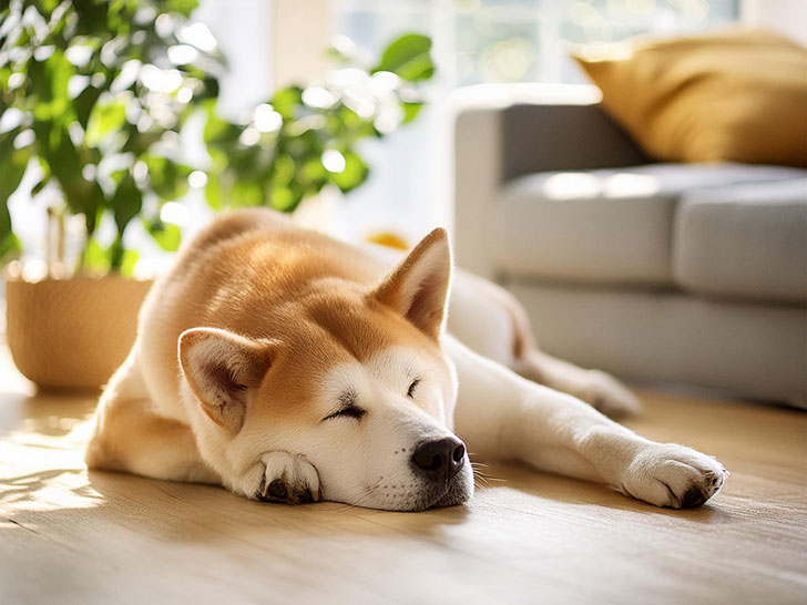 日の当たるリビングで昼寝をする秋田犬