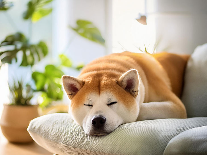 日の当たるリビングで昼寝をする秋田犬