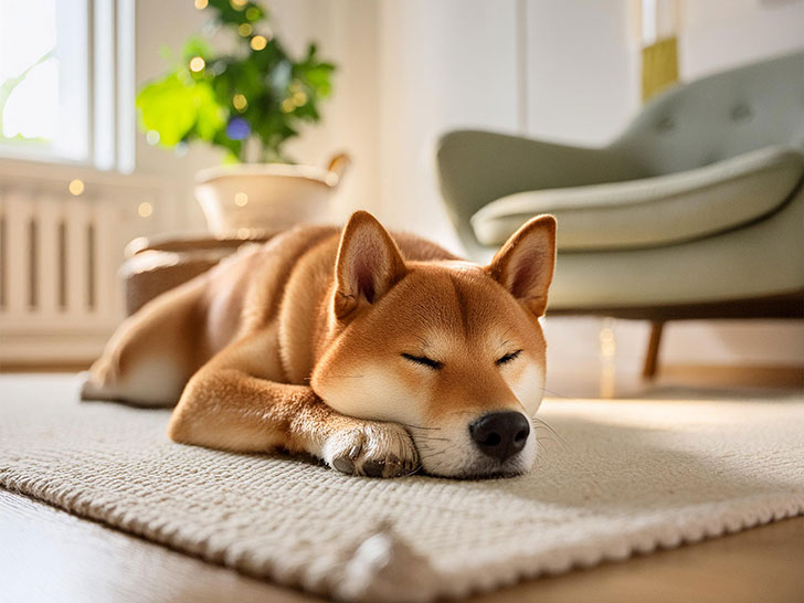 日の当たるリビングで昼寝をする柴犬