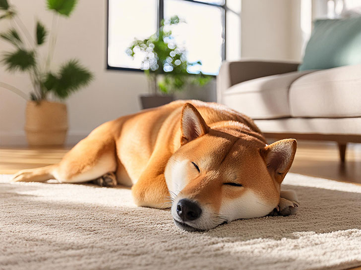 日の当たるリビングで昼寝をする柴犬