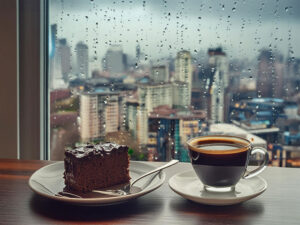 雨のカフェのホットコーヒーとケーキ