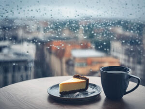 雨のカフェのホットコーヒーとケーキ