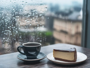 雨のカフェのホットコーヒーとケーキ