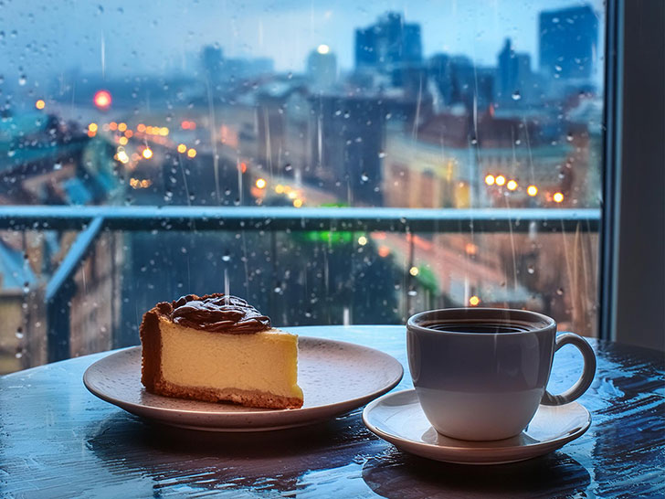 雨のカフェのホットコーヒーとケーキ