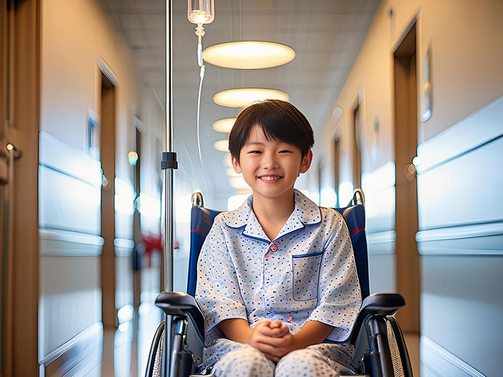 車いすに座って病院内にいる小学生の男の子