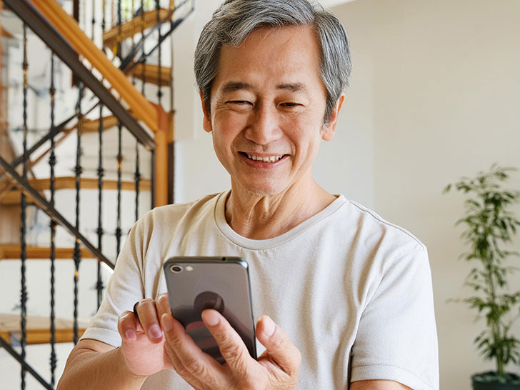 スマホを操作するTシャツ姿の高齢男性