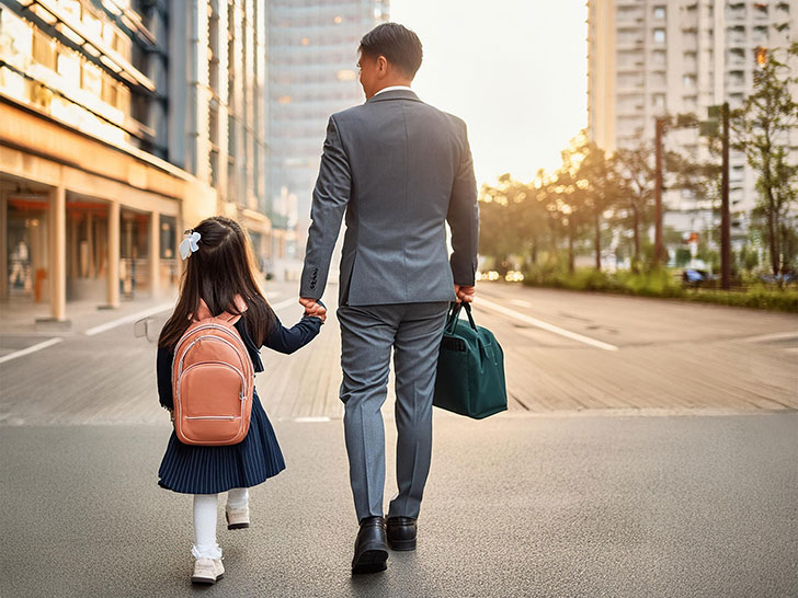 スーツを着て娘と手をつなぐ父親の後ろ姿