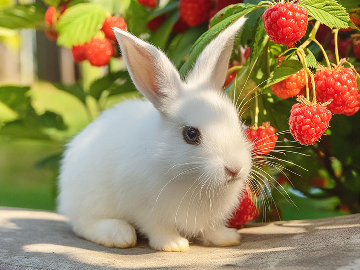 フワフワのかわいい子ウサギと木苺