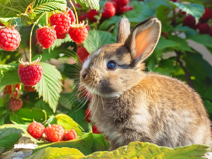 フワフワのかわいい子ウサギと木苺