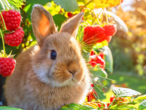 フワフワのかわいい子ウサギと木苺