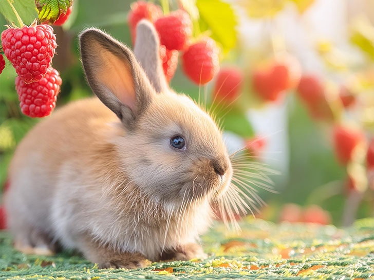 フワフワのかわいい子ウサギと木苺