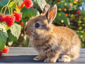 フワフワのかわいい子ウサギと木苺