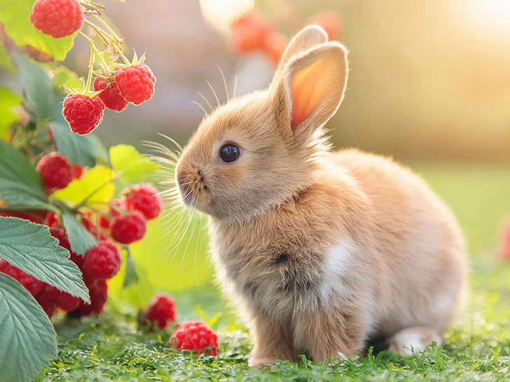 フワフワのかわいい子ウサギと木苺