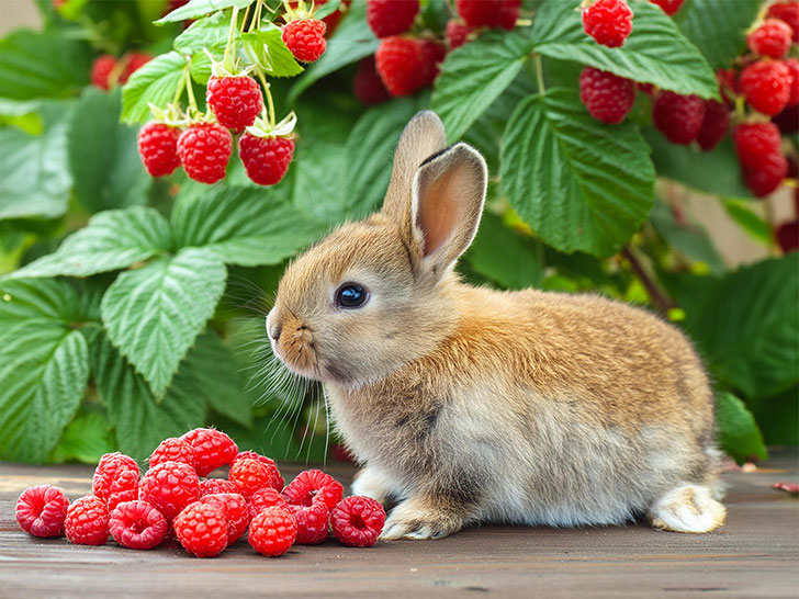 フワフワのかわいい子ウサギと木苺