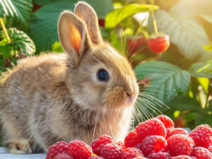 フワフワのかわいい子ウサギと木苺