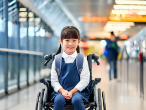 車いすで空港のロビーにいる小学生の女の子