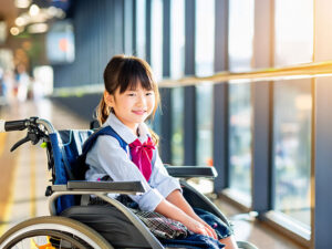 車いすで空港のロビーにいる小学生の女の子