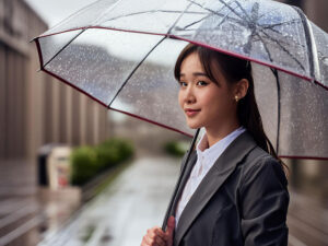 スーツを着て雨傘をさす若い女性