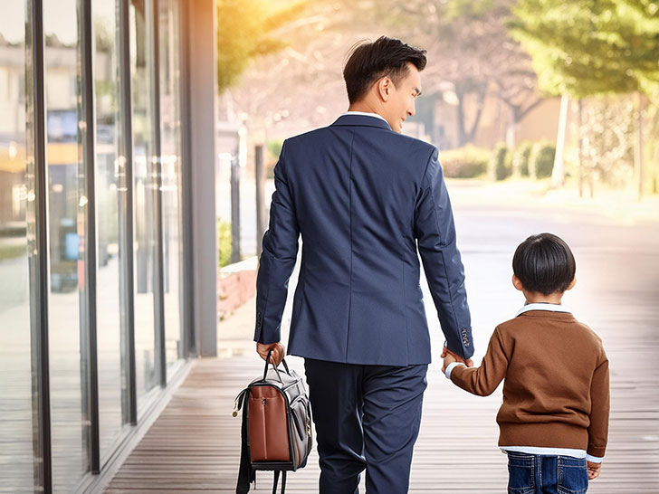 スーツを着て息子と手をつなぐ父親の後ろ姿