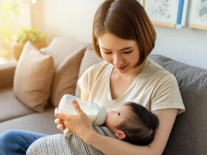 赤ちゃんにミルクをあげるお母さん