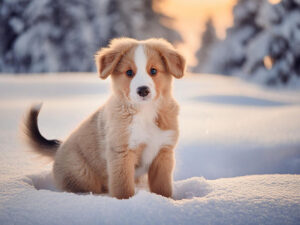 雪の中に座るかわいい子犬