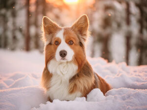 雪の中に座るかわいい子犬