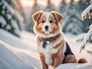 雪の中に座るかわいい子犬