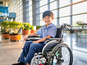 車いすで空港のロビーにいる小学生の男の子