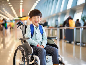 車いすで空港のロビーにいる小学生の男の子