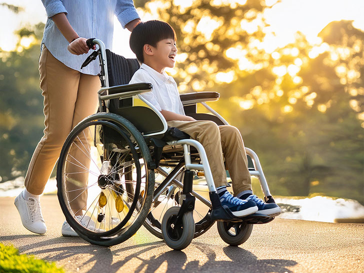 小さな息子の車椅子を押すお母さん